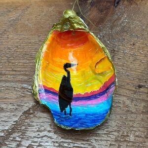 Hand-Painted Egret Oyster Shell Ornament